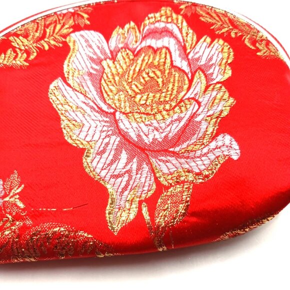 Red Womens Small Zippered Wallet - Purse Chinese Satin Floral 4x 5 - Picture 5 of 6